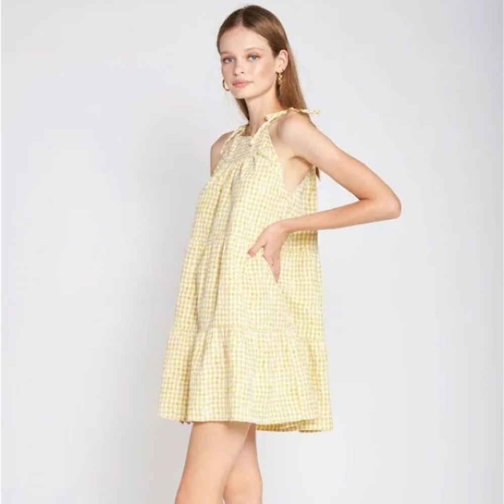 En Saison Kanika Tiered Yellow Gingham Floral Mini Dress